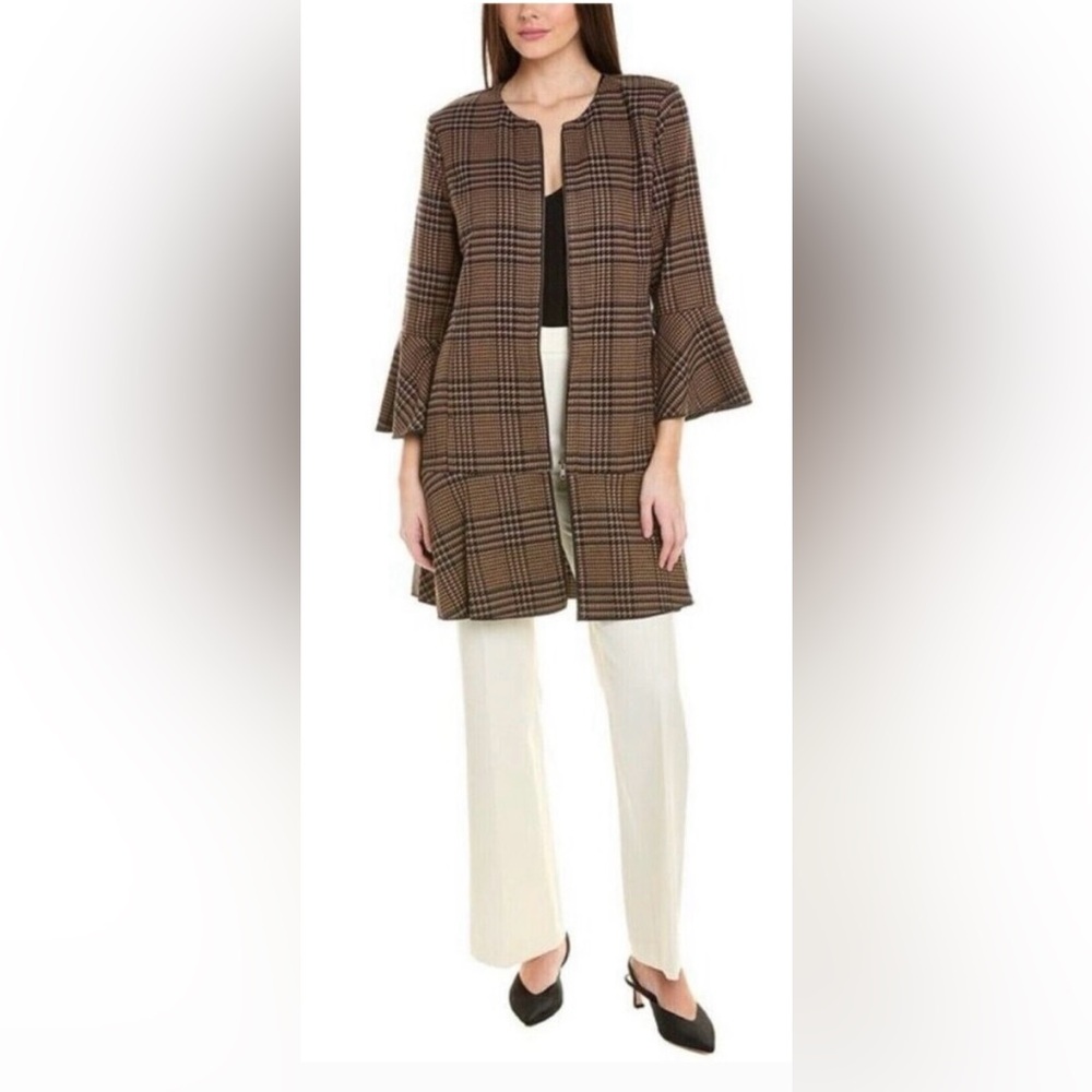 Cabi Flounce Tartan Plaid Jacket Style 3902. Brown/Navy Blue, Front Zipper. Sz S